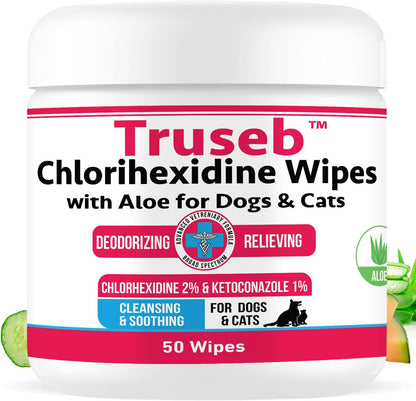 Truseb Topical Ketoconazole and Chlorhexidine Wipes for Dogs, Cats and Horses - with Aloe for