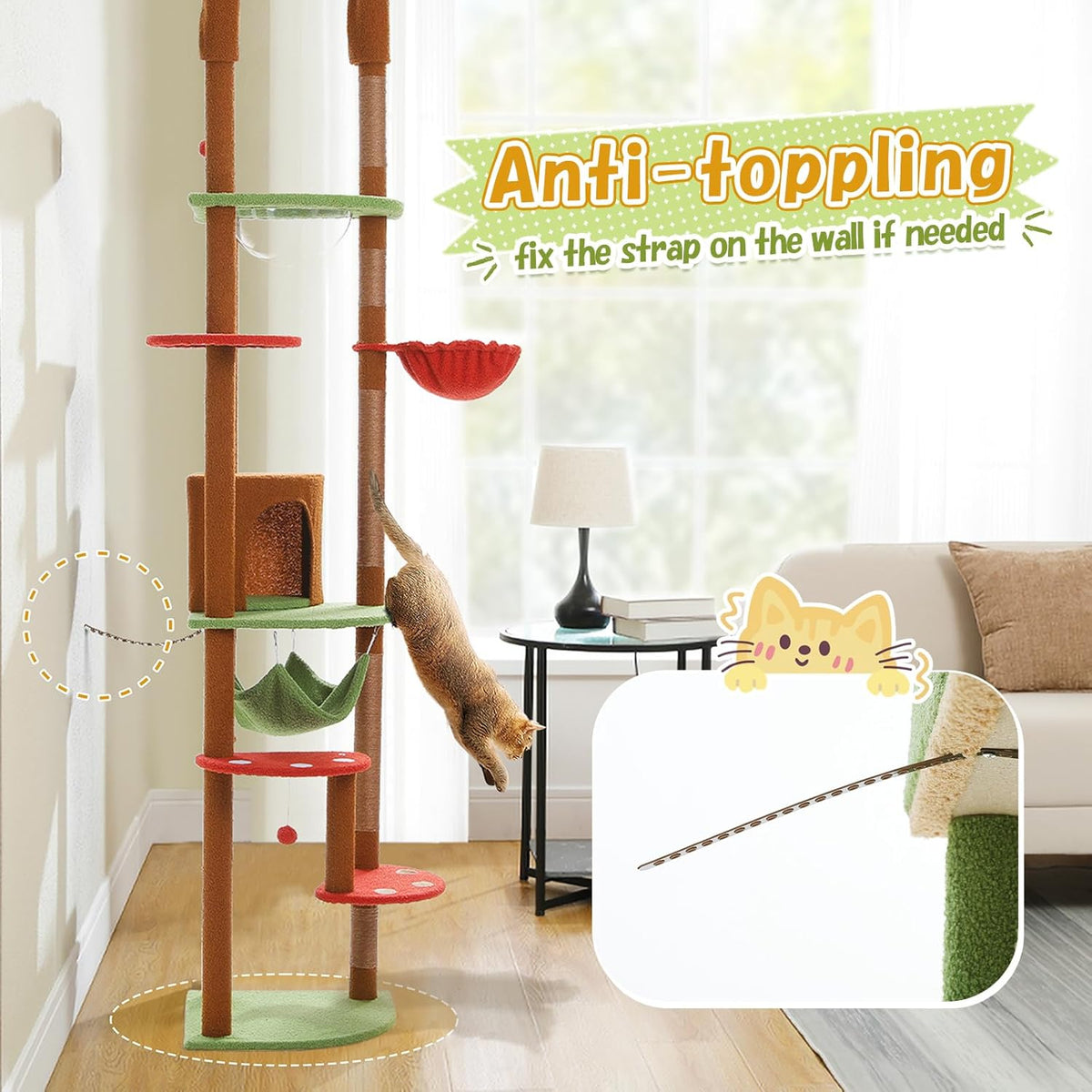 PEQULTI Floor to Ceiling Cat Tree 92.9’’-101.6’’ Height Adjustable Mushroom Cat Tower Tall Climbing