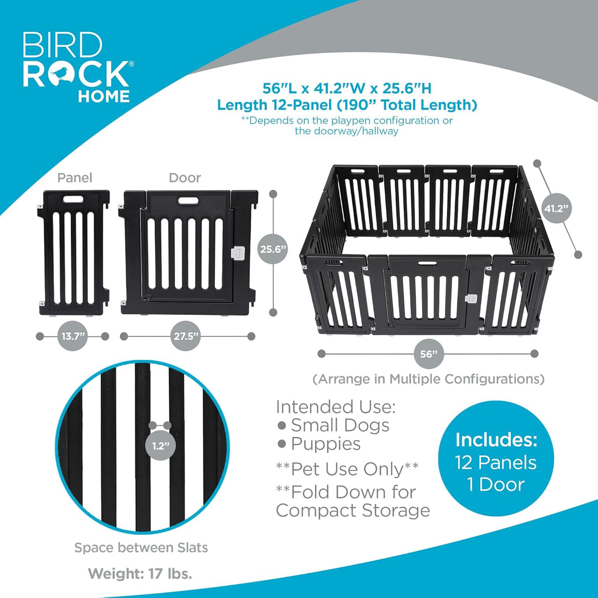 BIRDROCK HOME Dog Playpen w/Door, 12 Panel, 25.6in H | Strong Plastic, Non-Slip Puppy Playpen