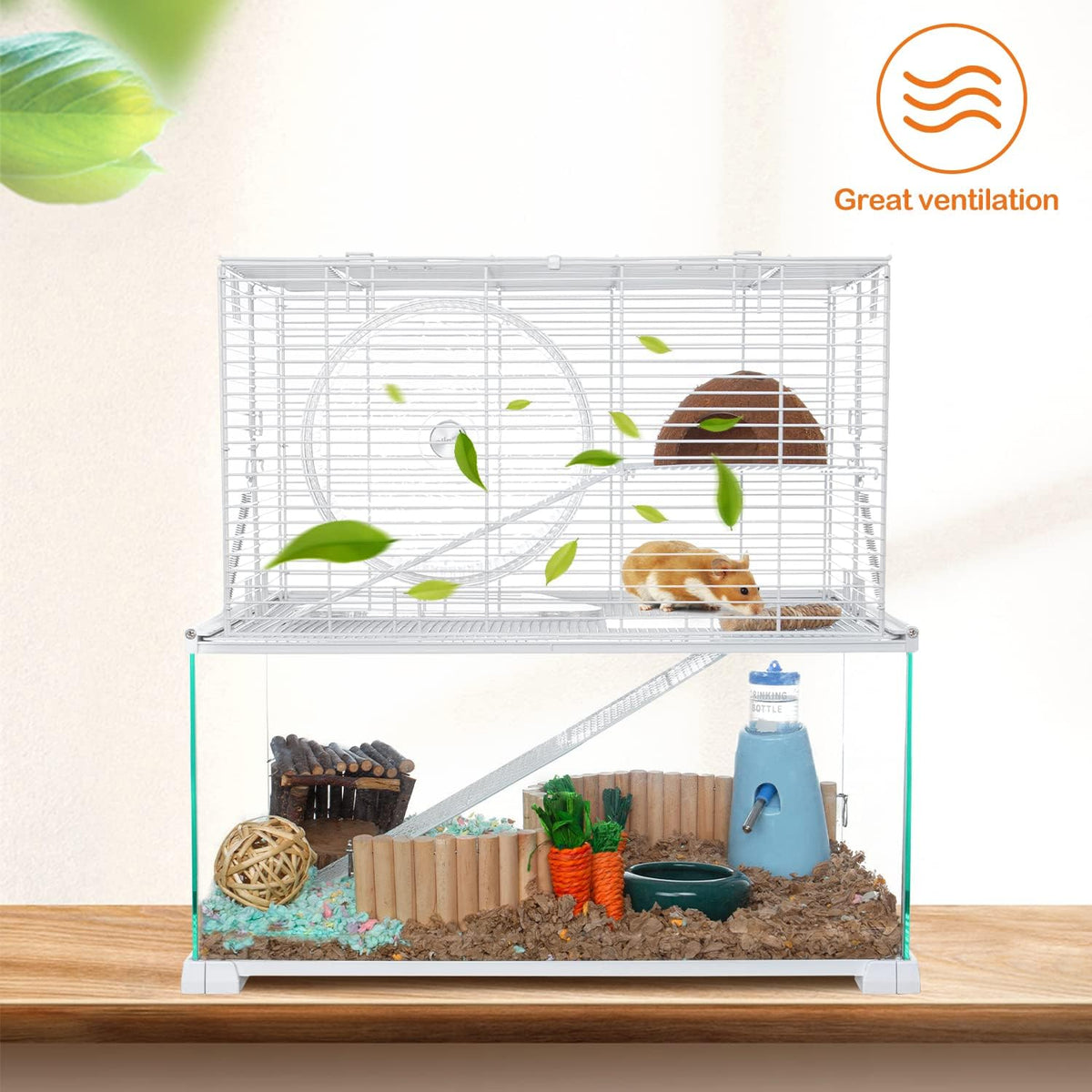 OIIBO 3 Tiers Large Hamster Cages Glass, Heightened Wire Topper with Two Shelf and Two Ladders