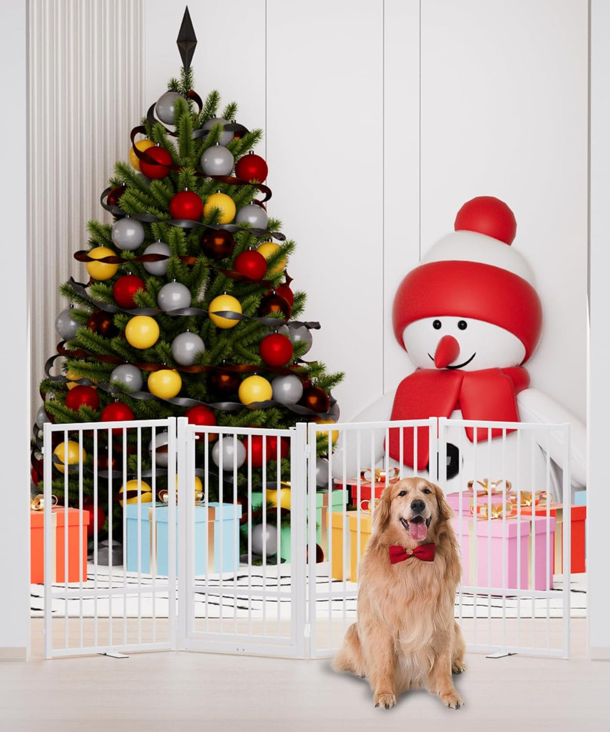 Full Metal Freestanding Dog Gate with Door, 32''Height Foldable Pet Dog Fence for Indoor & Outdoor