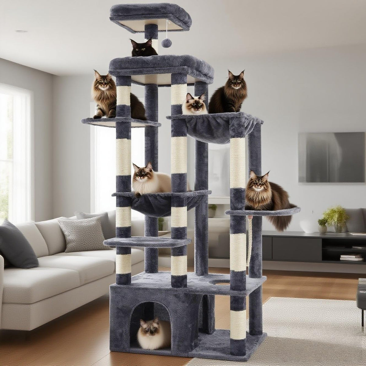 Heybly Heavy Duty Cat Tree, 71-Inch Tall Tower for Large Maine Coon with Extra-Large Baseboard, Cat
