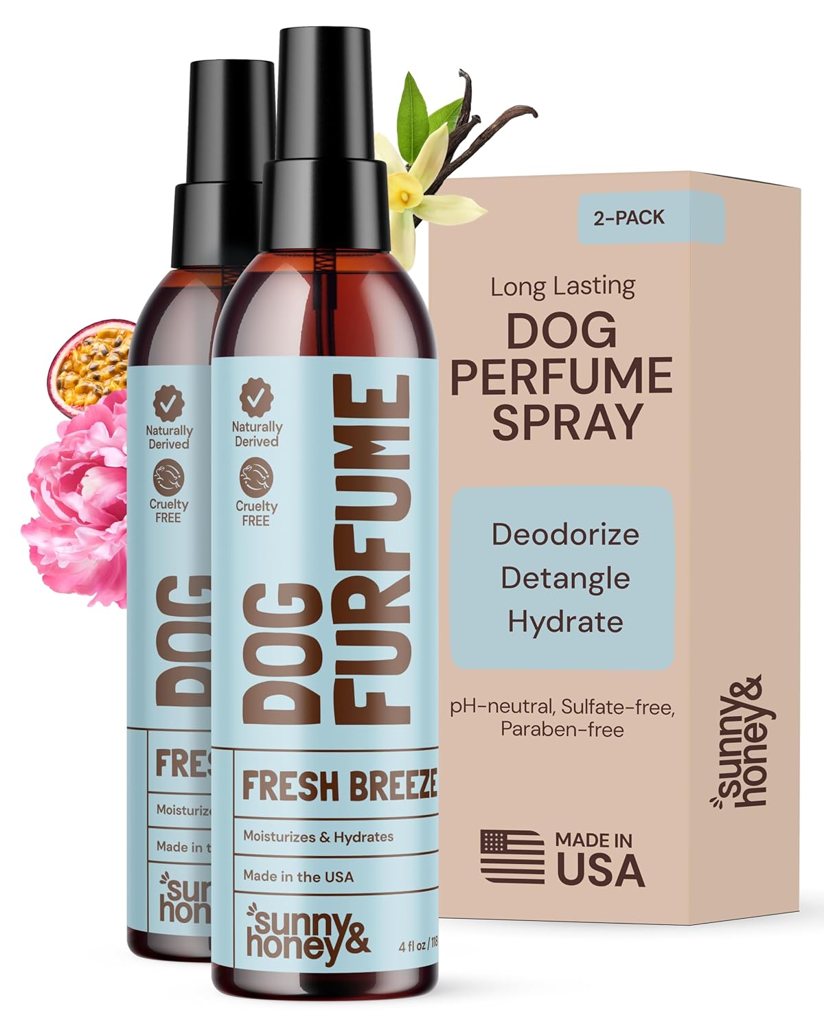 Sunny & Honey Dog Perfume Spray Long Lasting - 4 fl oz (2-Pack) - Deodorizing, Detangling &
