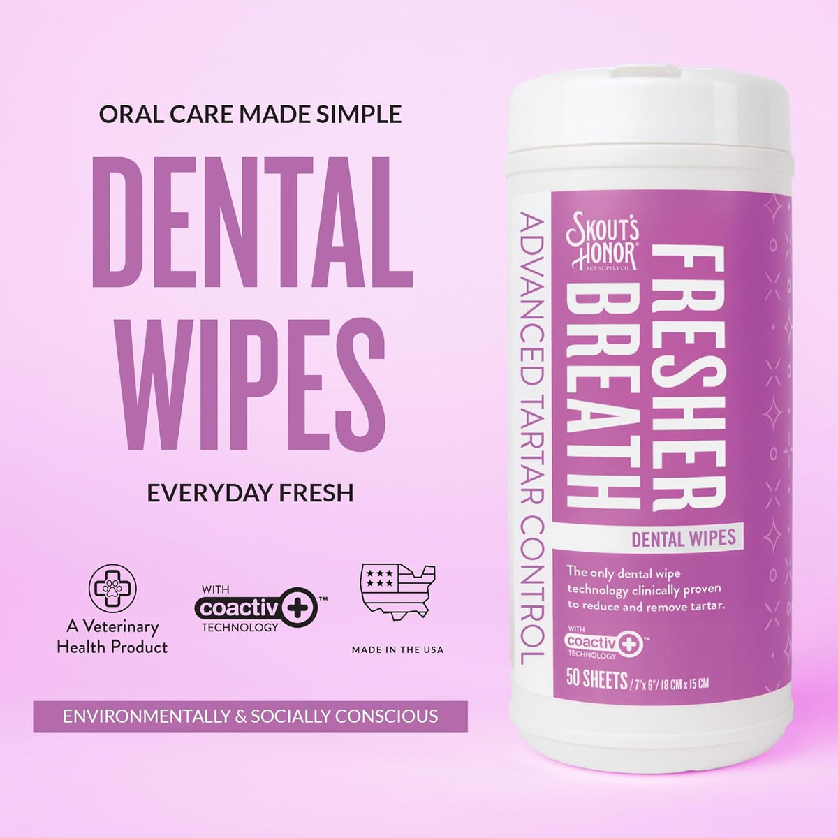 SKOUT'S HONOR Pet Dental Wipes - Fights Plaque and Tartar, Freshens Breath Fast, No Brushing