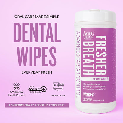 SKOUT'S HONOR Pet Dental Wipes - Fights Plaque and Tartar, Freshens Breath Fast, No Brushing