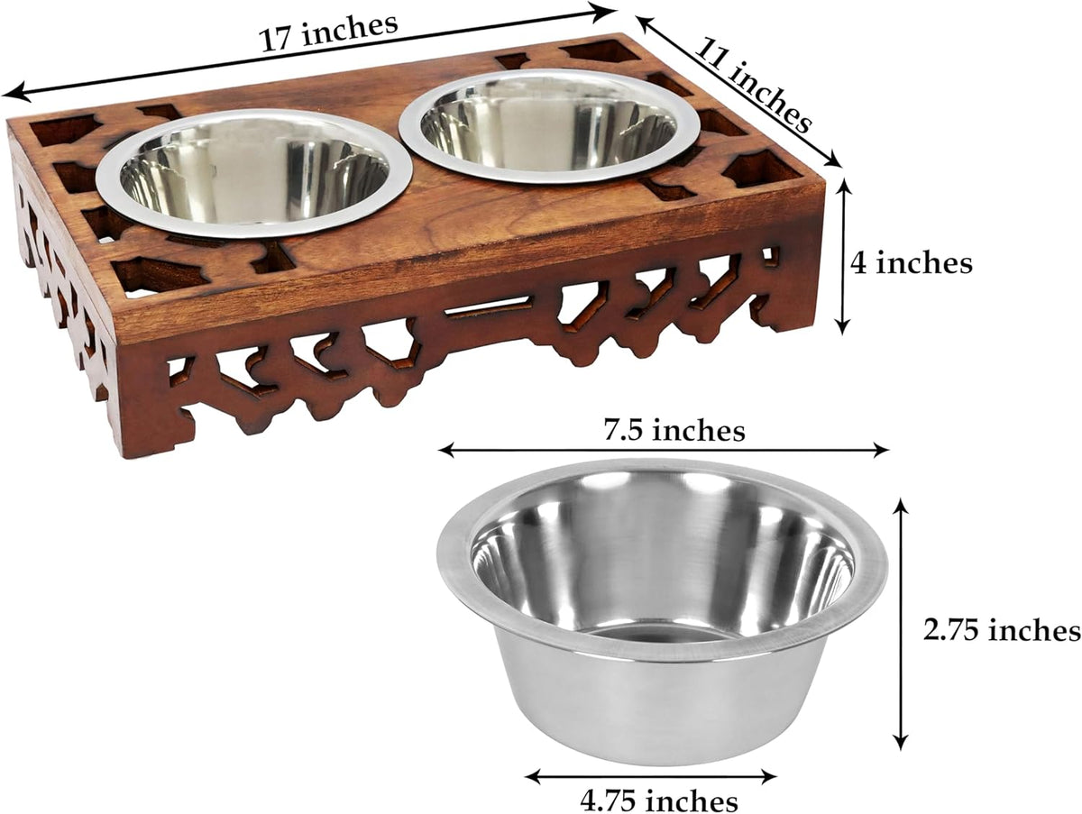 Elevated Pet Feeder for Dogs and Cats - Hand Carved Wood Bones Raised Dog Bowl Stand - Pet Feeding