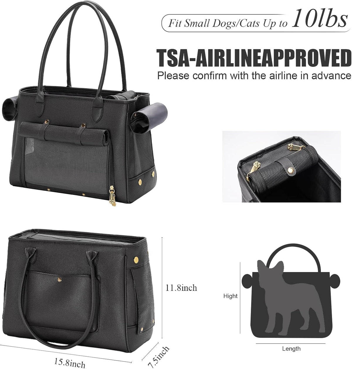 Fashion Pet Carrier Purse for Small Cat and Dog, Luxury Pu Soft-Sided Tote Bag with Large Pockets