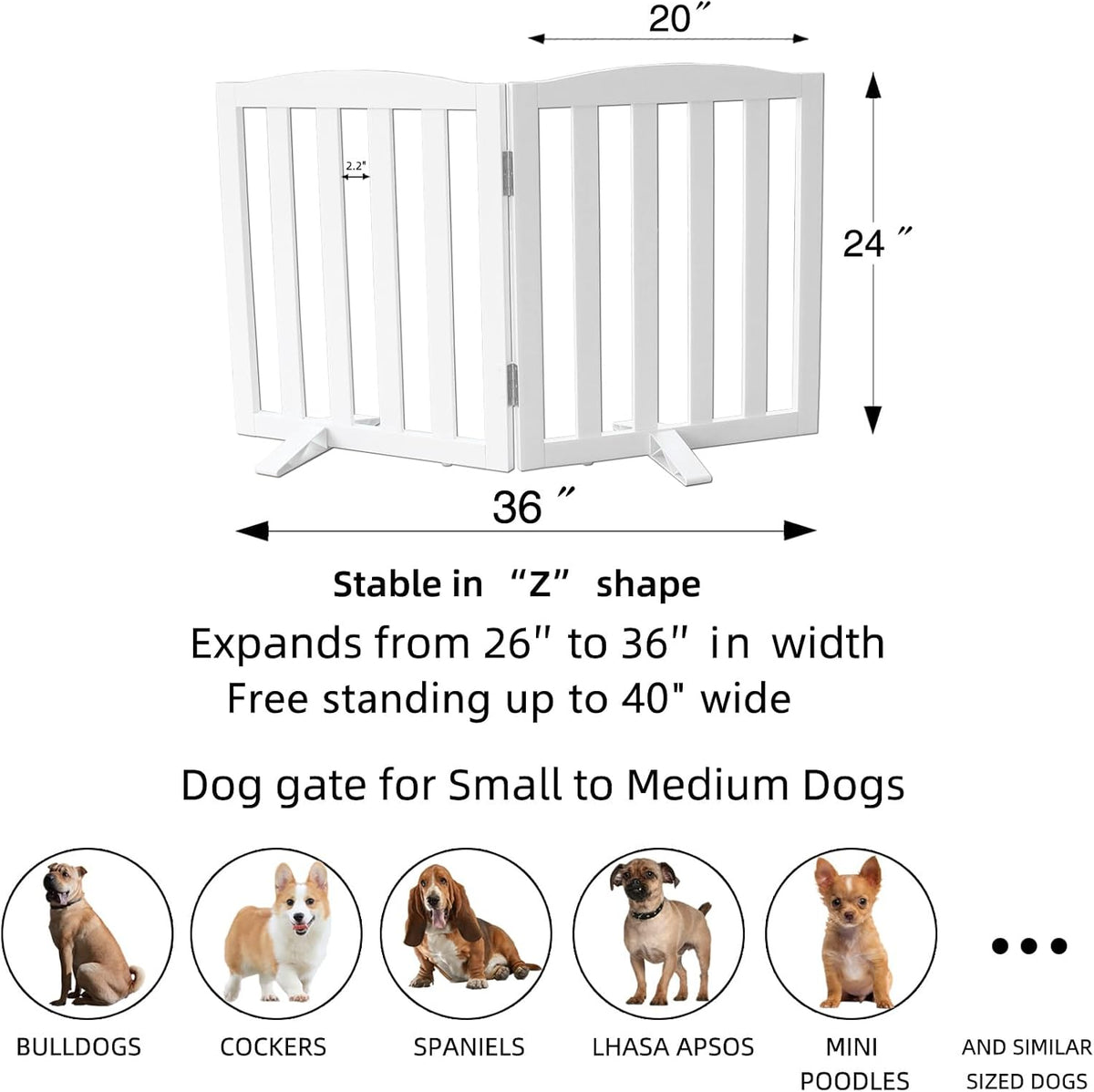ZJSF Foldable Freestanding Indoor Dog Gate for House Wood White Long Pet Gates Dog Fence for Stairs