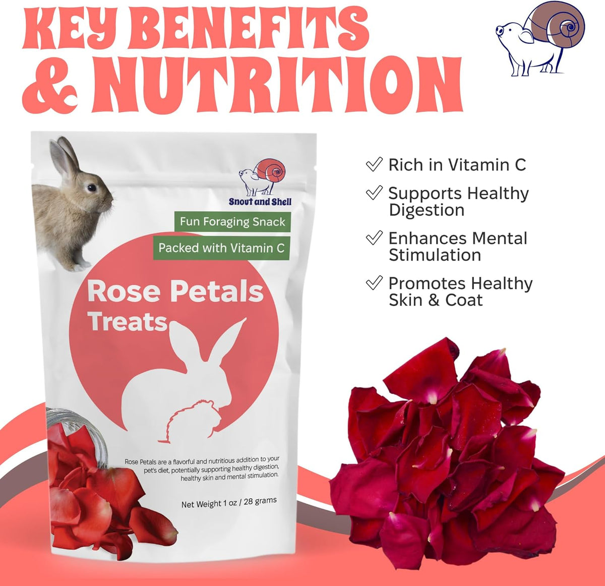 Snout and Shell Rose Petals Treats – Natural Snack for Rabbits, Guinea Pigs & Chinchillas – Vitamin