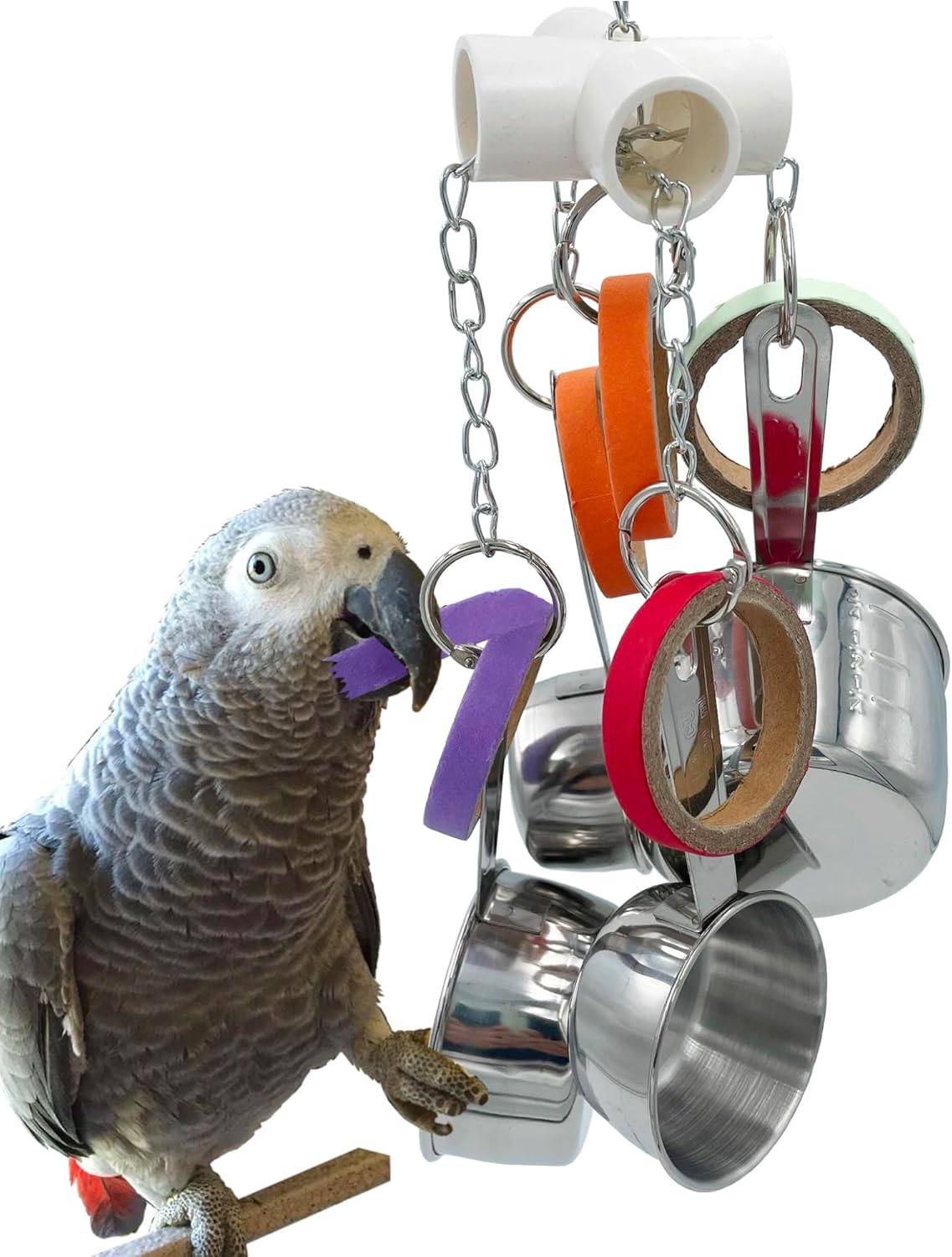 Durable Bird Parrots Pots and Bagel Toys, Pullable Stainless Steel Cup and Cardboard Ring Toys for