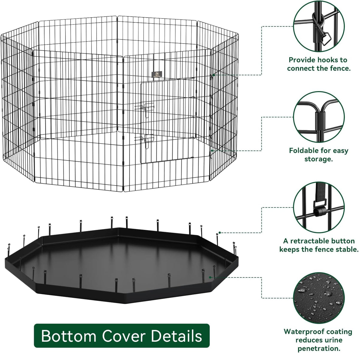 PJYuCien Dog Playpen, 8 Panels 42’’H Dog Pens Indoor with Bottom Pad, Metal Foldable Pet Puppy