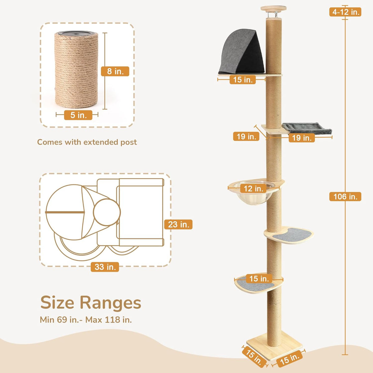 FUKUMARU Floor to Ceiling Cat Tree, 6 Level Adjustable Height (5.7-9.8 ft) Climbing Tower with