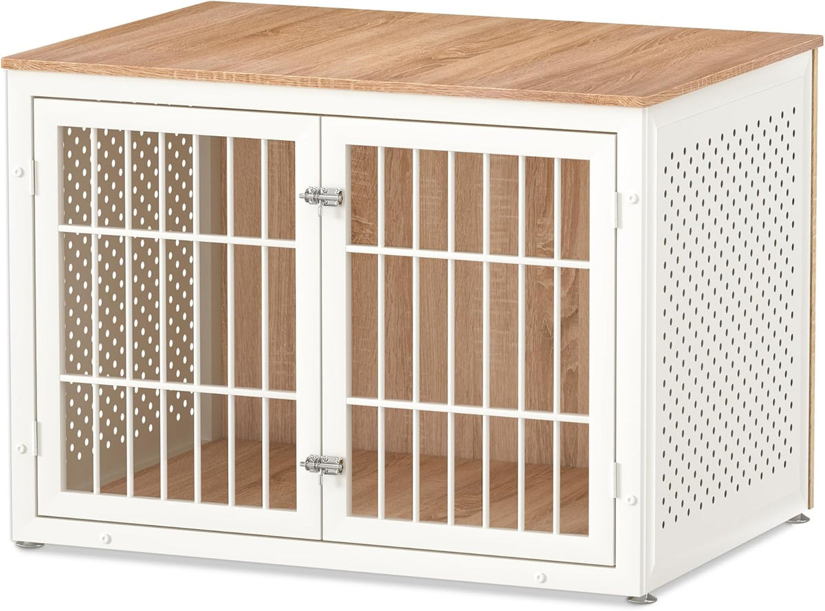 42" Heavy Duty Dog Crate Furniture for Large Dogs, Metal Kennel for High Anxiety Dogs, White Wooden
