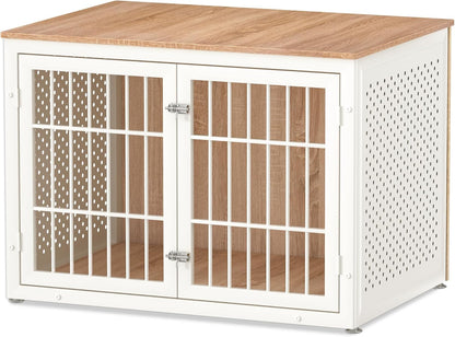 42" Heavy Duty Dog Crate Furniture for Large Dogs, Metal Kennel for High Anxiety Dogs, White Wooden
