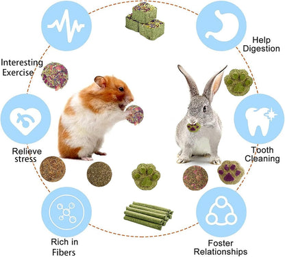 Grddaef Rabbit Toys, Guinea Pig Toys 25 Pcs Natural Timothy Hay Bunny Chews and Treats for Hamster
