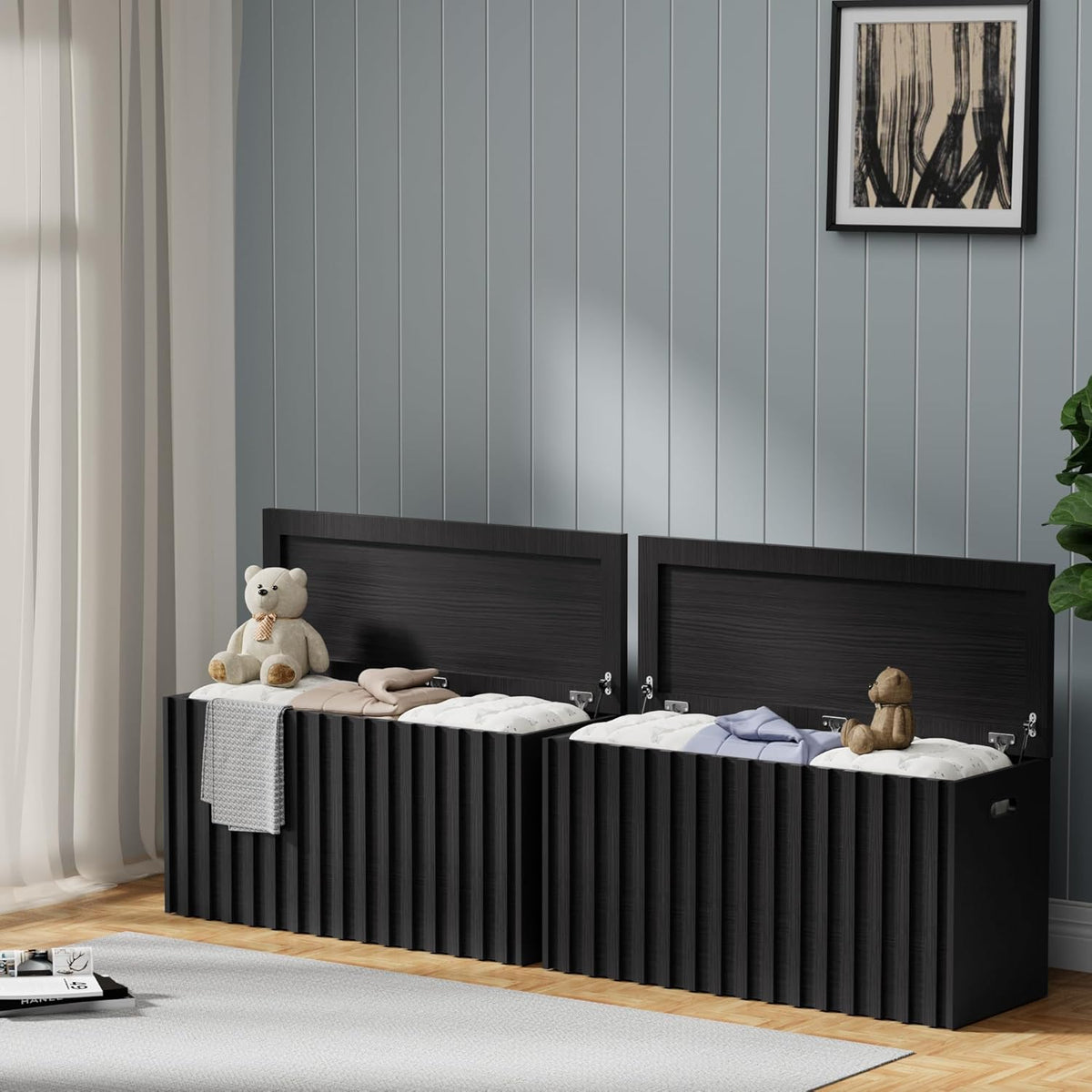 UEV Black Storage Bench Set of 2, 39.4" Fluted Wood Storage Trunk with 2 Safety Hinges, Sturdy