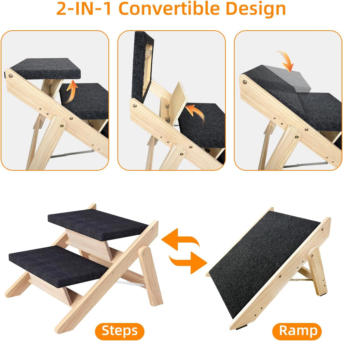 Dog Stairs/Ramp for Bed, Wooden Convertible Pet Steps, Portable Dog Ladder Up to 180 Pound for