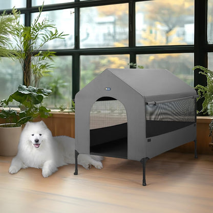 Veehoo 35" Dog House, 2-in-1 Large Dog House Outdoor Indoor Weatherproof, Outside Elevated Dog Cot