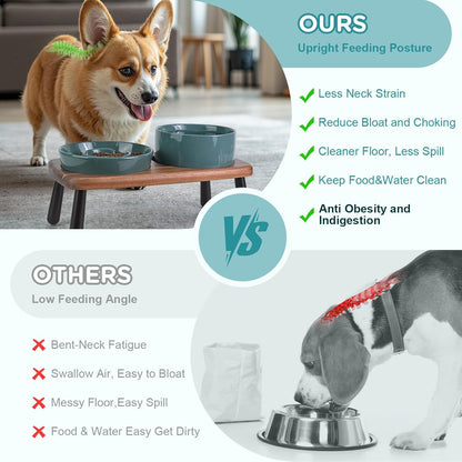 SPUNKYJUNKY Ceramic Elevated Dog Bowls with Slow Feeder Raised with Acacia Bamboo Wooden Stand