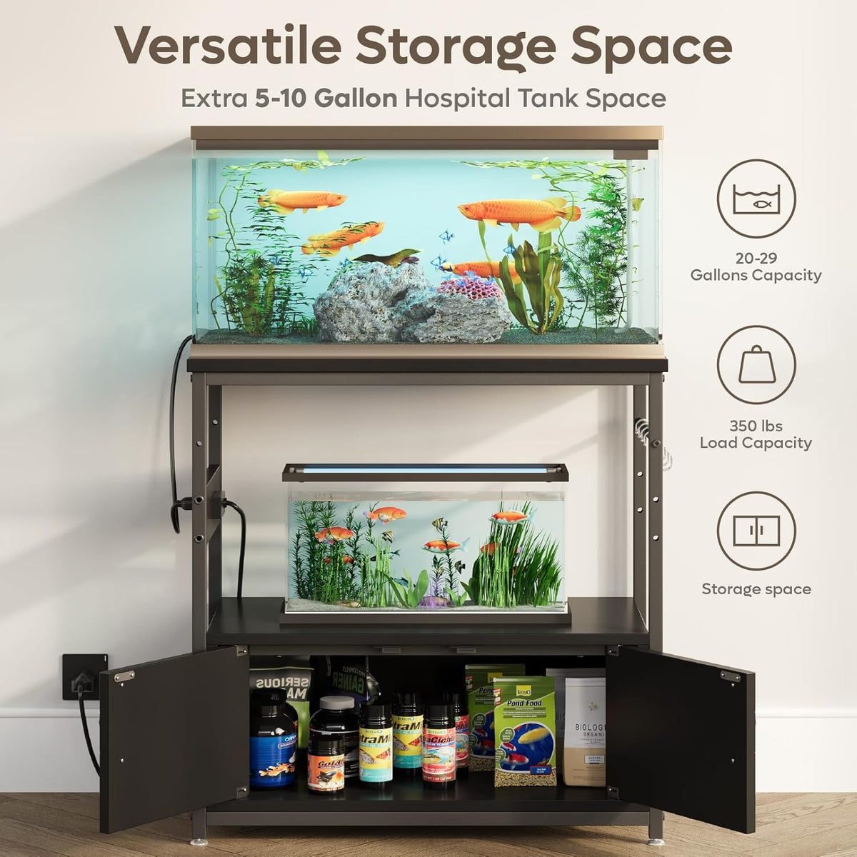 Bestier 20-29 Gallon Fish Tank Stand with Power Outlets, Metal Long Aquarium Stand with Storage