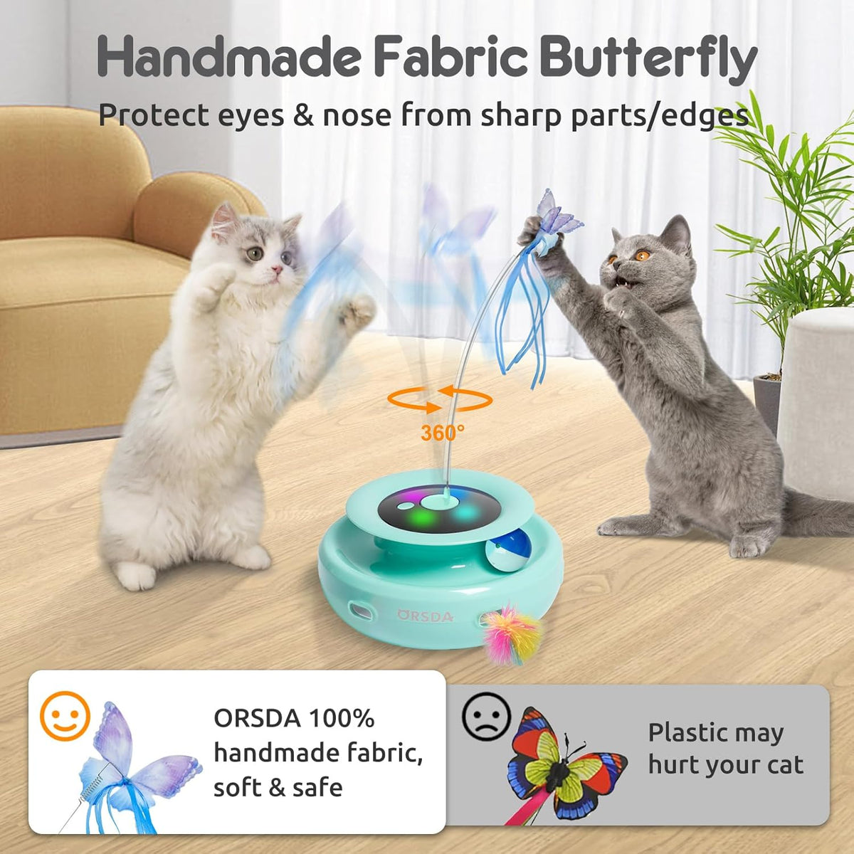 ORSDA Cat Toy, 3-in-1 Automatic Interactive Electronic Moving Ambush Feather, Fluttering Butterfly