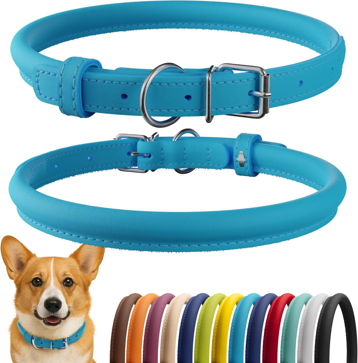 CollarDirect Rolled Leather Dog Collar, Soft Padded Round Puppy Collar, Handmade Genuine Leather