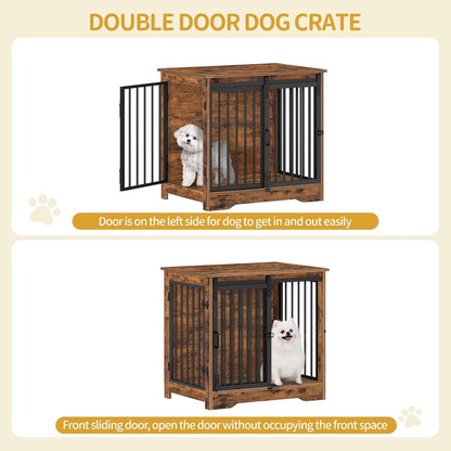 27.2" Dog Crate Furniture with Barn Door, Heavy Duty Dog Kennel Indoor with 2 Doors, Wooden Pet