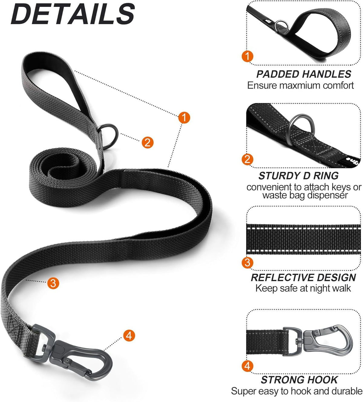 TwoEar 4FT 1IN Strong Black Dog Leash with 2 Padded Handles, Traffic Handle Extra Control
