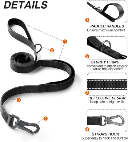 TwoEar 4FT 1IN Strong Black Dog Leash with 2 Padded Handles, Traffic Handle Extra Control