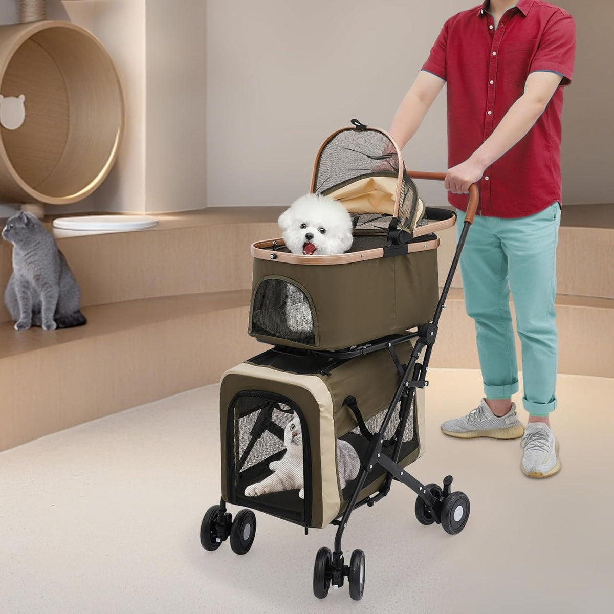 Double Pet Stroller for Dogs and Cats, Foldable Dog Stroller Travel Carriage with Detachable
