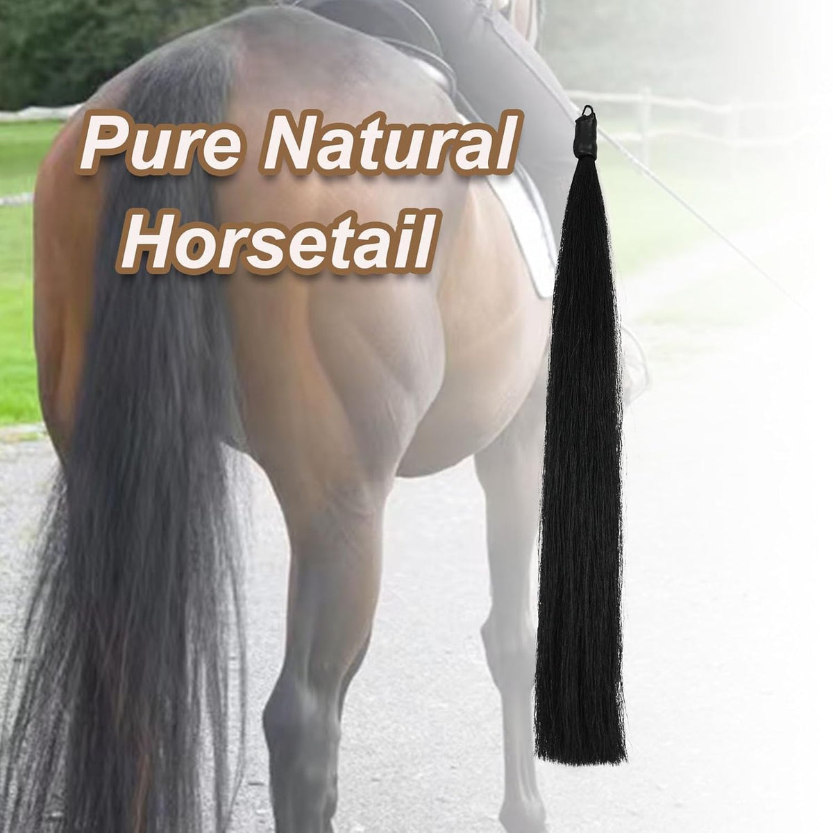 Horse Tail Extension with Braided Horsehair Loop, Blunt Cut Bottom, 3/8 lb, 28-30 inches (Jet Black)