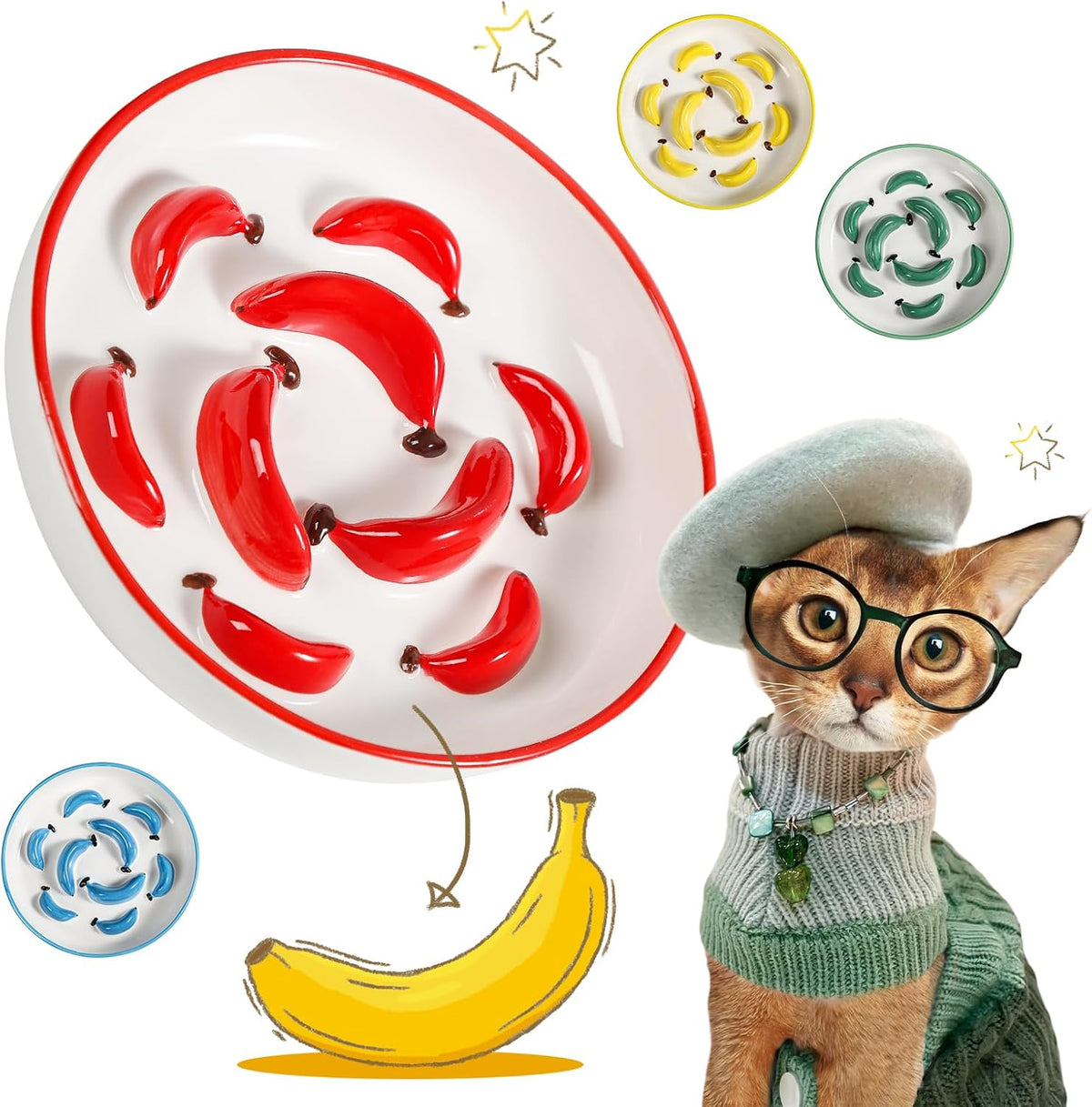 Ceramic Cat Slow Feeder Bowl - Vibrant Cat Feeding Bowl - Cute Maze Food Dish for Slow Eating