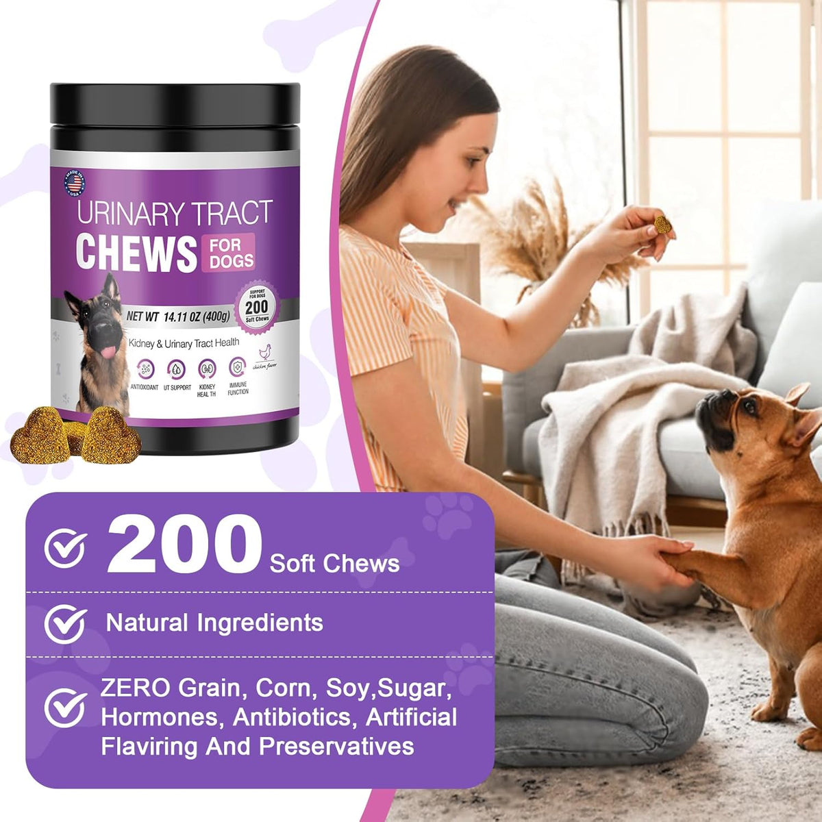 Dog UTI Treatment Cranberry Supplement for Dogs 200 Chews Urinary Tract Medicine Bladder Control
