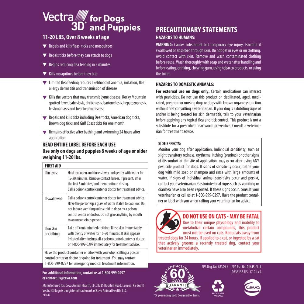 Vectra 3D for Dogs Flea, Tick & Mosquito Treatment & Prevention for Small Dogs (11 – 20 lbs) , 6