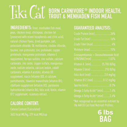 Tiki Cat Born Carnivore Indoor Health, Trout & Menhaden Fish Meal, Grain-Free Baked Kibble to