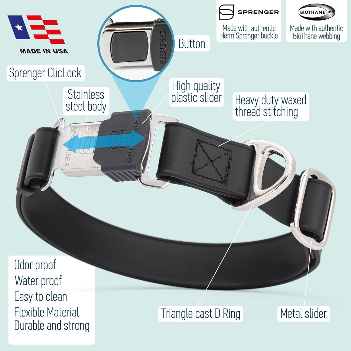 Dogline Biothane Waterproof Dog Collar with Herm Sprenger Stainless Steel Quick Release Buckle