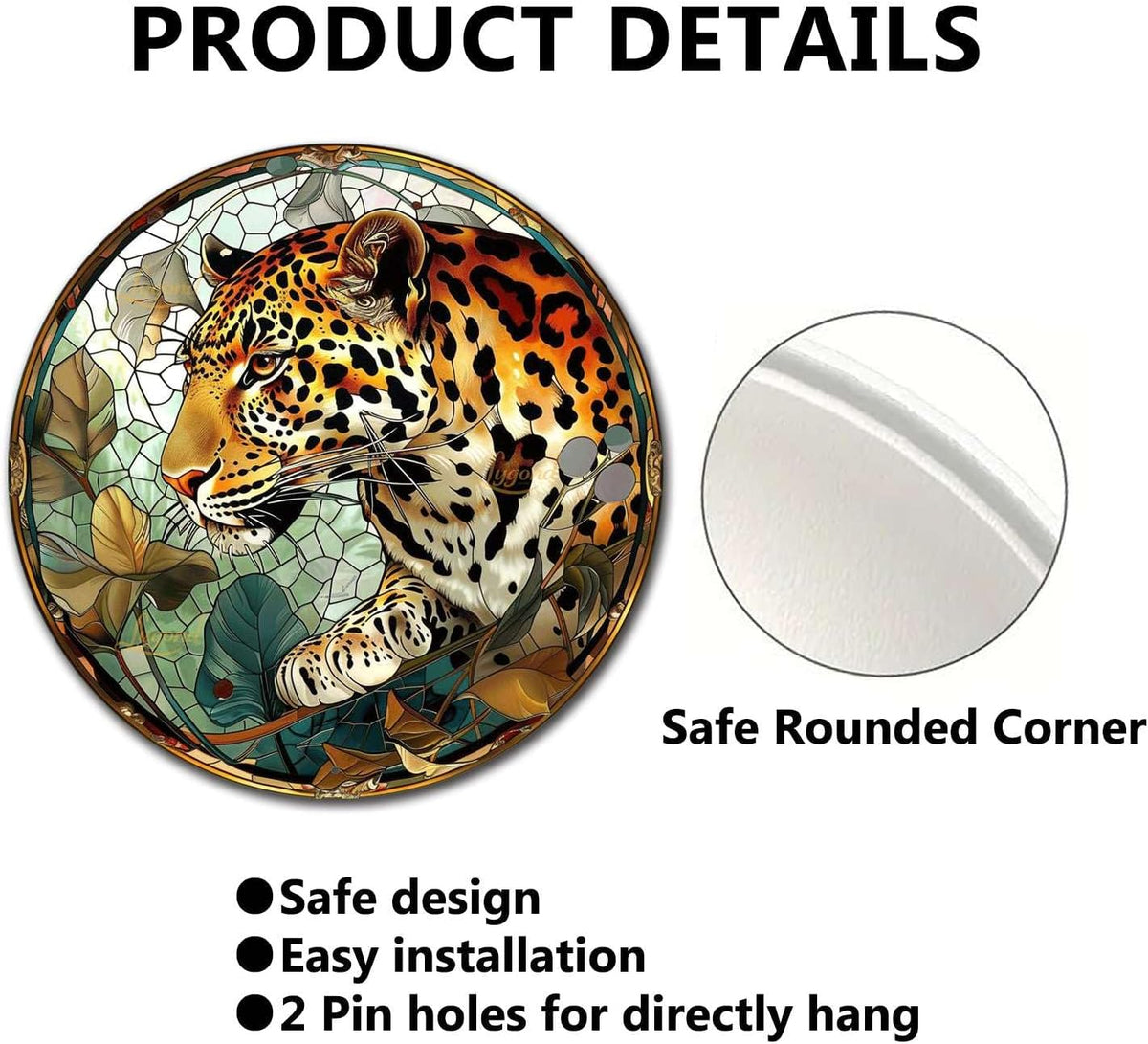 Lygond Metal Sign Tin Sign Circular Stained Glass Leopard Vintage Metal Sign for Gift 12×12 Inches