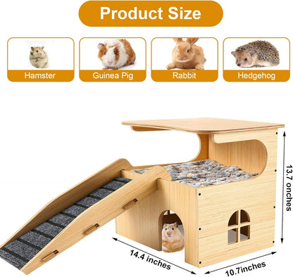 Wooden Guinea Pig Castle Hideout,Enlarged Guinea Pig Castle,Wooden Hamster House with Stairs &