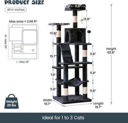 MWPO 63.8 inches Multi-Level Cat Tree for Large Cats with Sisal-Covered Scratching Posts, Padded