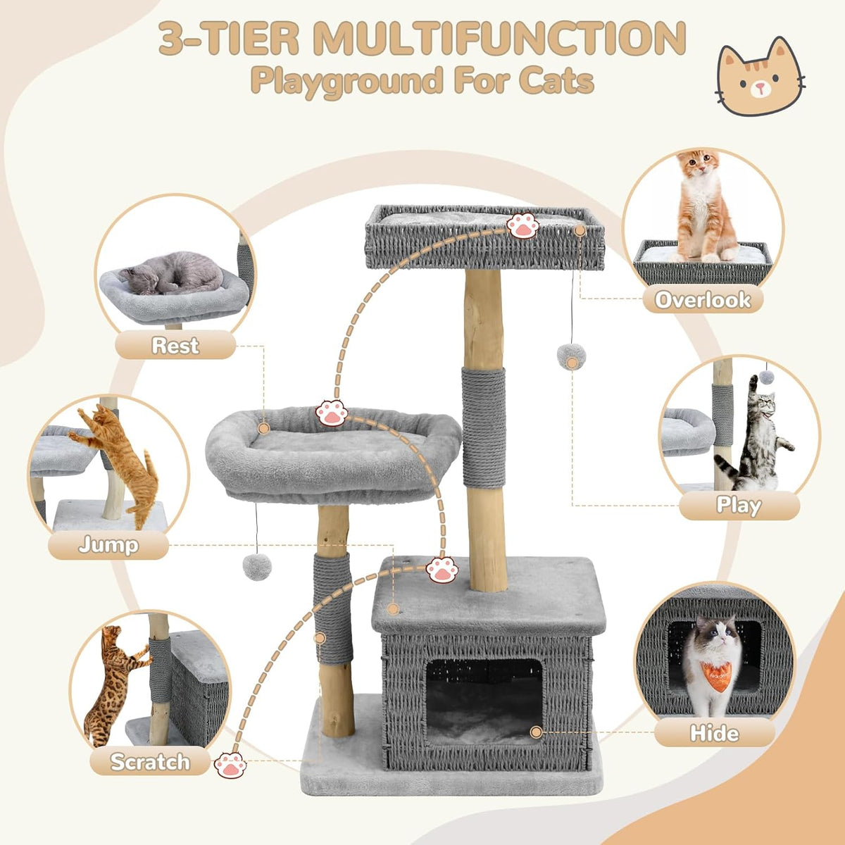 Modern Cat Tree for Large Cats - Multi-Level Wooden Tower with Scratching Posts, Large Jumping