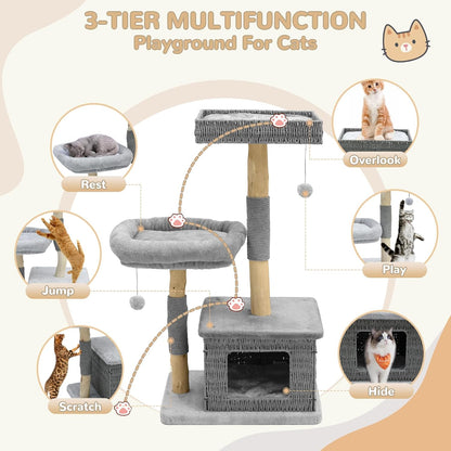 Modern Cat Tree for Large Cats - Multi-Level Wooden Tower with Scratching Posts, Large Jumping