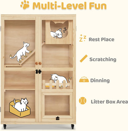 MCombo Wooden Cat Houses for Indoor Cats, Luxury Kitten House with Scratching Pad, Lockable Doors