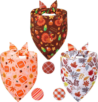 Thanksgiving Dog Bandanas Large 3PCS, 6 Pattern Fall Scarf for Boy and Girl, Pumpkin Leaves Rugby