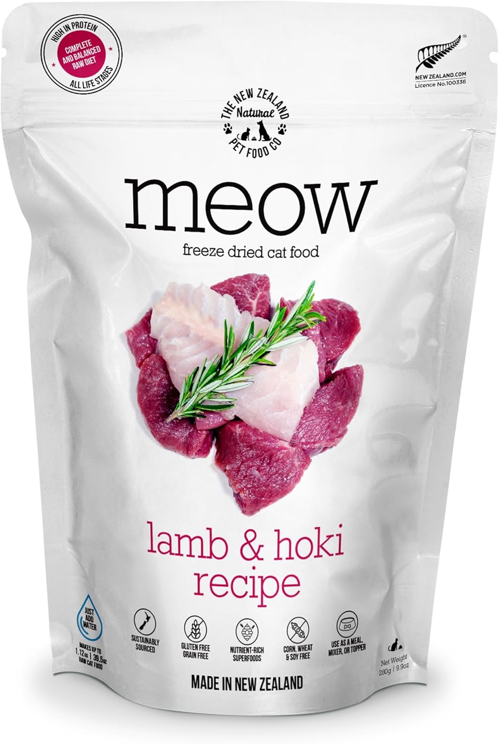 Meow Lamb & Hoki Freeze Dried Raw Cat Food, Mixer, or Topper, or Treat - High Protein, Natural