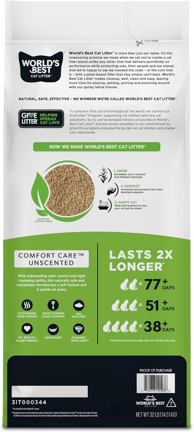 WORLD'S BEST CAT LITTER Comfort Care Unscented, 32-Pounds - Natural Ingredients, Quick Clumping