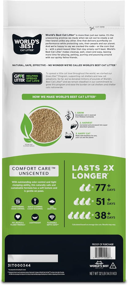 WORLD'S BEST CAT LITTER Comfort Care Unscented, 32-Pounds - Natural Ingredients, Quick Clumping