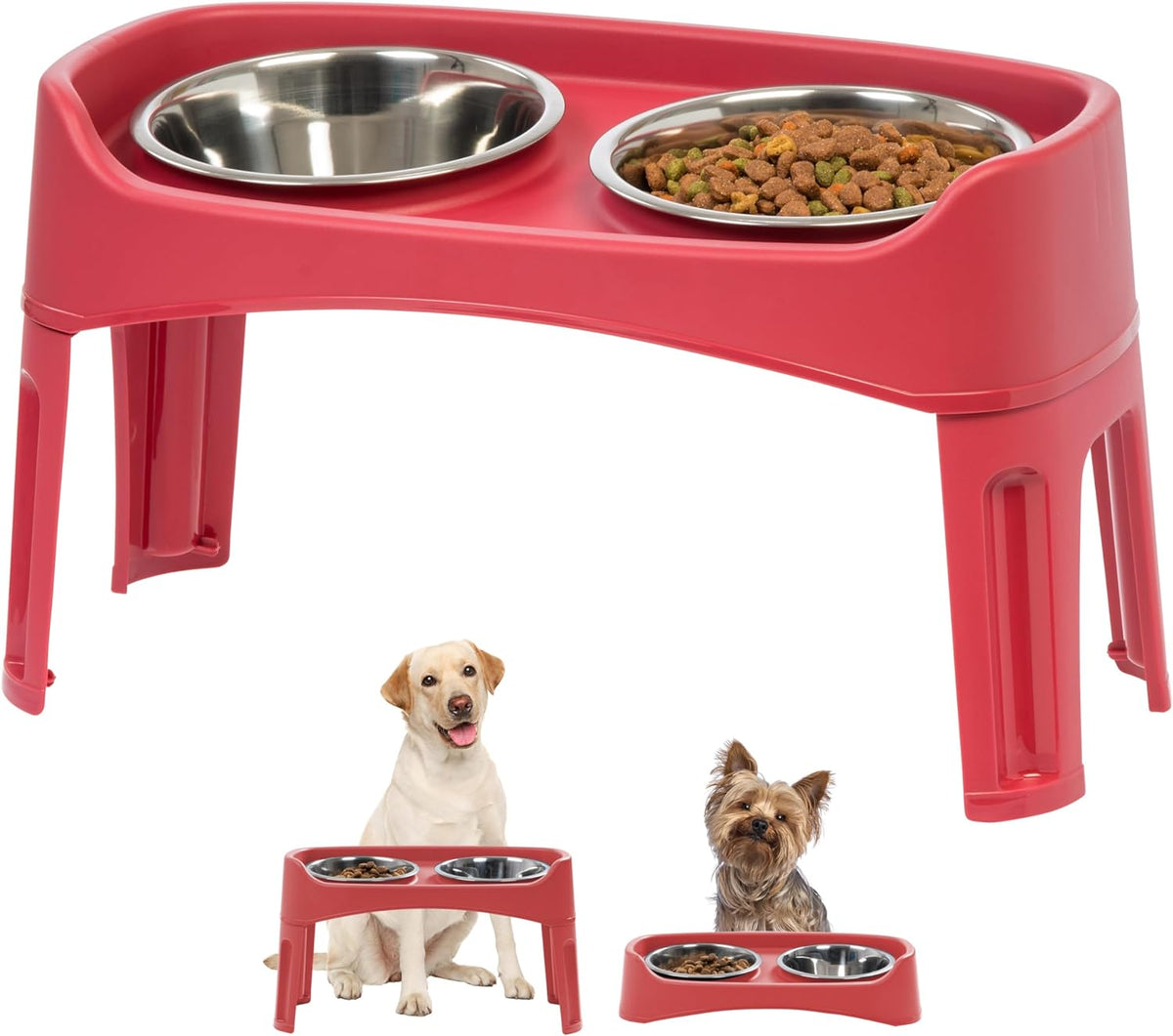 IRIS USA Elevated Dog Bowls, Adjustable Height, 2 Thick 64 oz Stainless Steel Bowls, Spill-Proof
