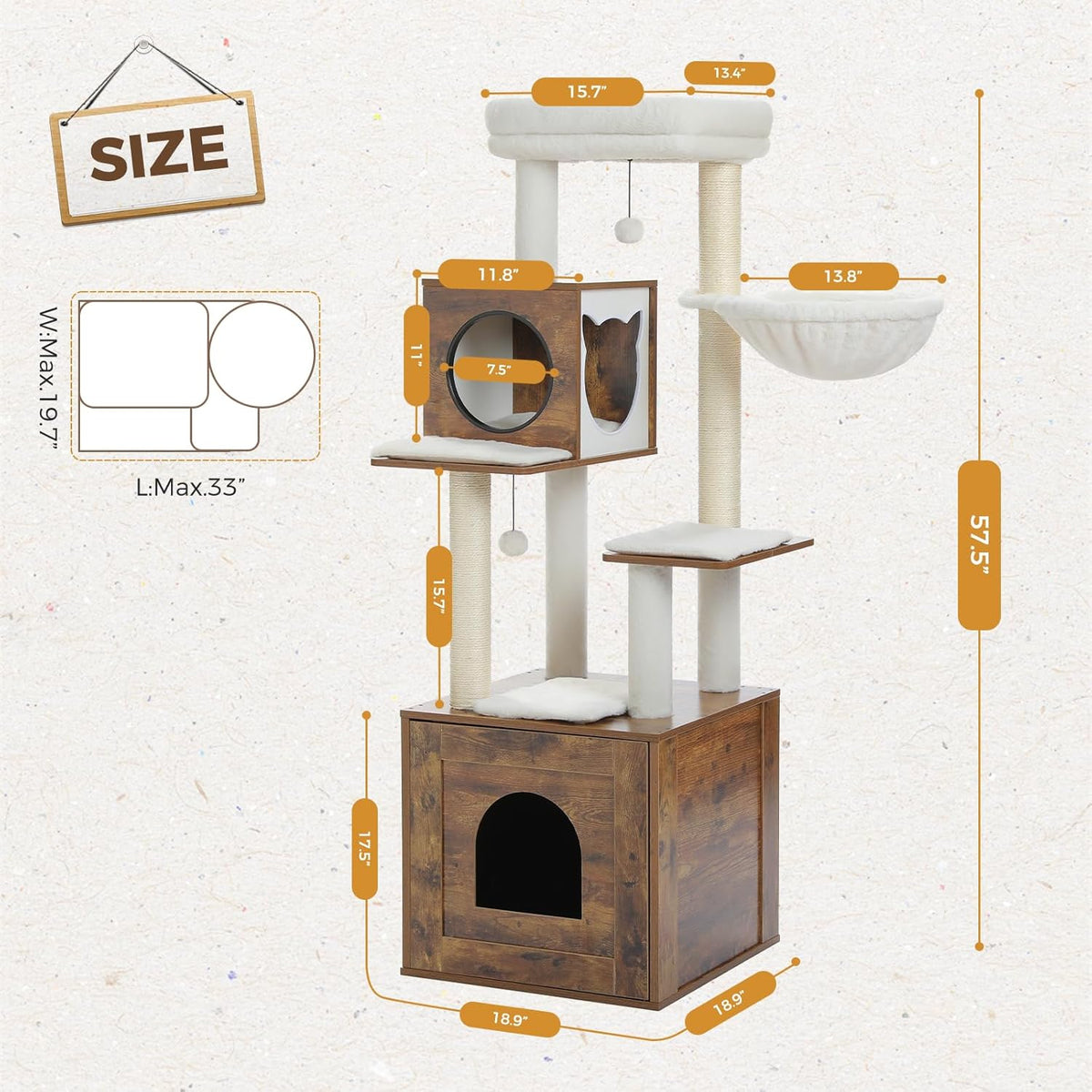 Tall Cat Tree with Litter Box Enclosure 57.5" Wooden Cat Tower for Large Cats with Cat Hammock