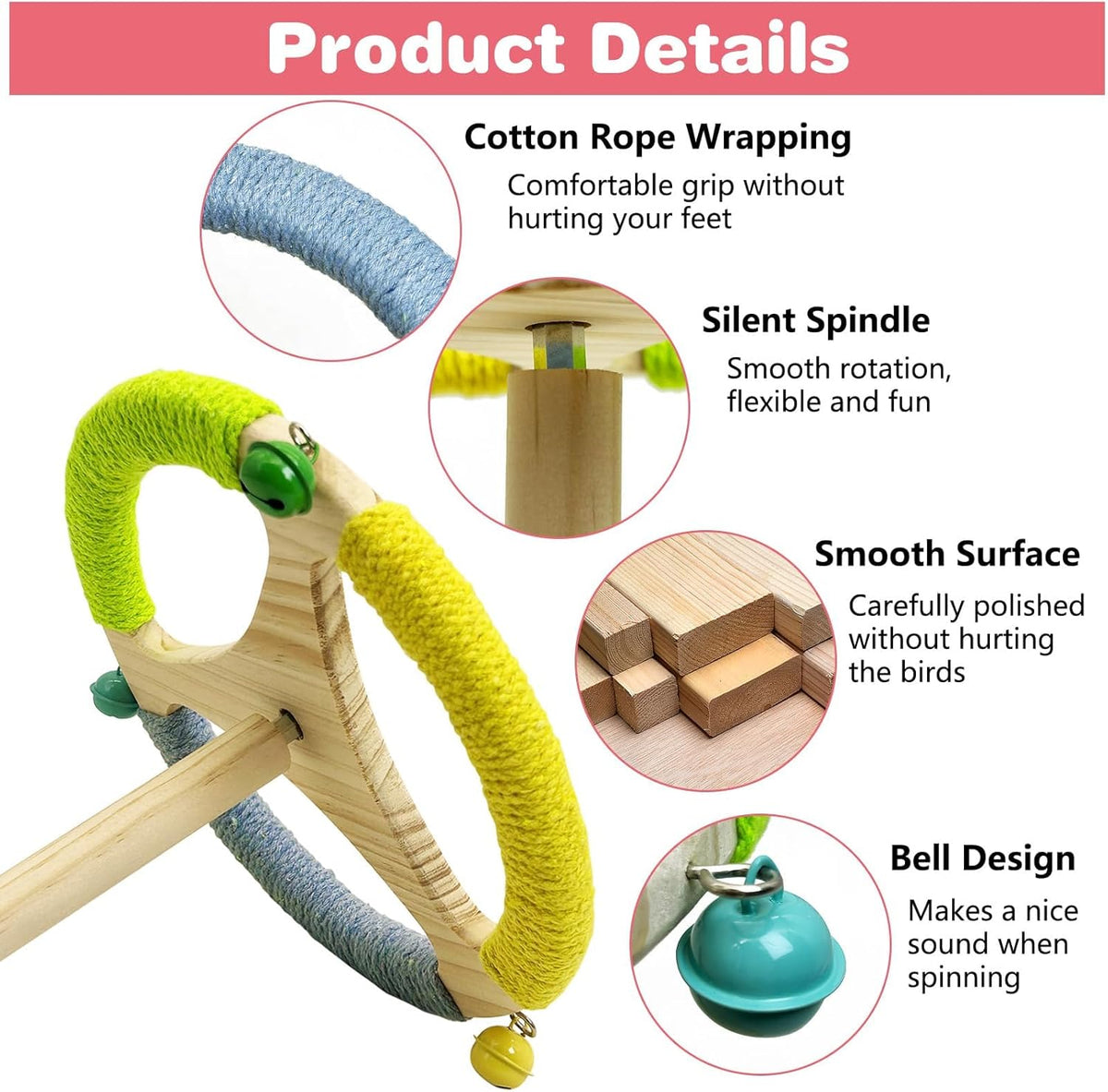 PINVNBY Hanging Bird Stand Perch Toy Wooden Spinning Parrot Perch with Cotton Rope and Bell
