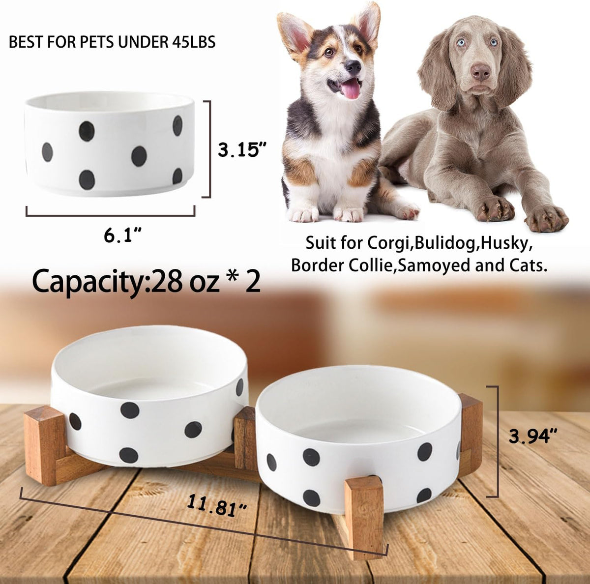 Petygooing Dog Bowls Ceramic, Cat Dog Bowl Set with Wood Stand for Food and Water,Non-Slip Cute